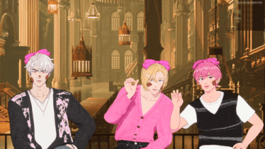 three anime characters with pink bows on their heads pose for a picture