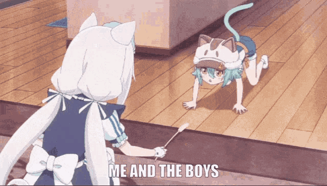 a cartoon of a girl and a cat with the words me and the boys