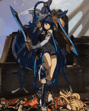 a girl with blue hair is holding two swords in a video game