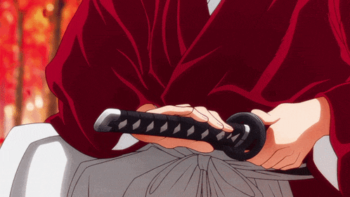 a person in a red kimono holds a black sword