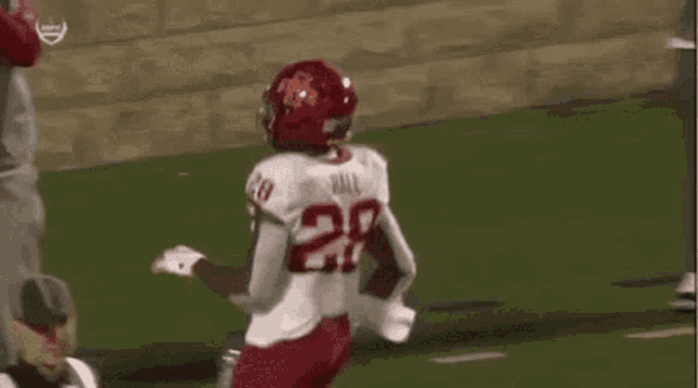a football player wearing a white jersey with the number 28 on it