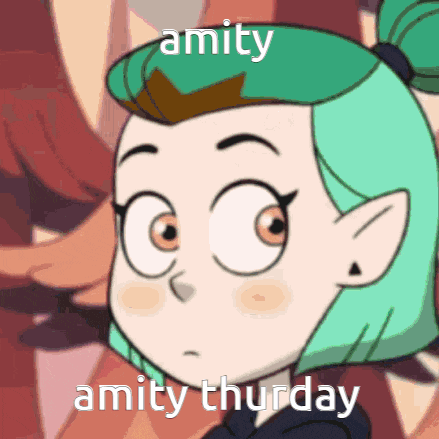 a cartoon of amity from the owl house with the words amity thursday written on it .