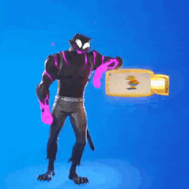 a black cat is dancing in a video game while holding a bottle of purple liquid .