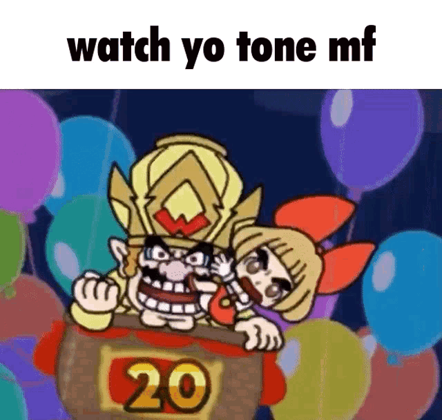 a cartoon character with balloons and the words watch yo tone mf on the bottom