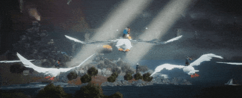 a group of seagulls flying over a body of water