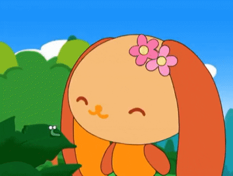 a cartoon rabbit with pink flowers on her head