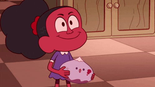 a cartoon girl with red hair is holding a purple object