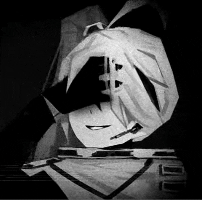 a black and white drawing of a person with a mask on their face and a smile on their face .