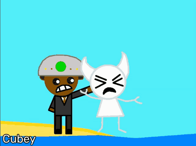 a cartoon character named cubey is standing next to a cartoon character with horns