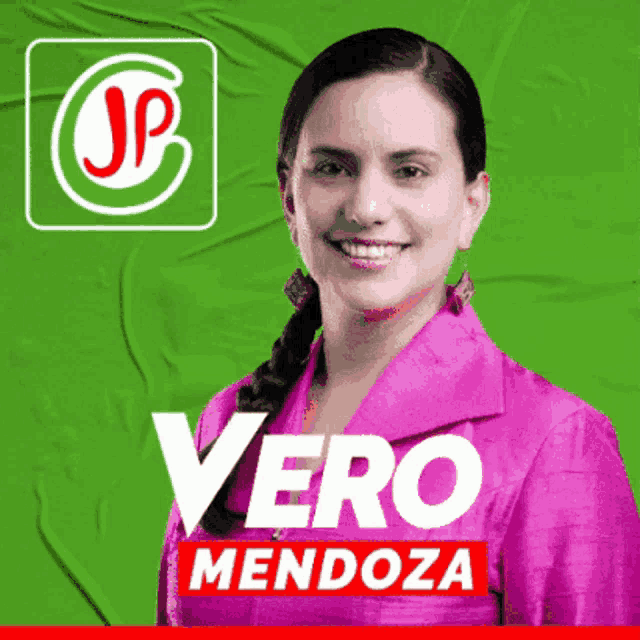 a poster for vero mendoza has a woman in a pink jacket