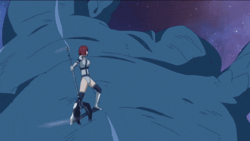 a woman with red hair is fighting another woman with a sword in a cartoon