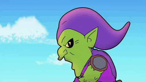 a cartoon drawing of a green goblin with purple hair and yellow eyes