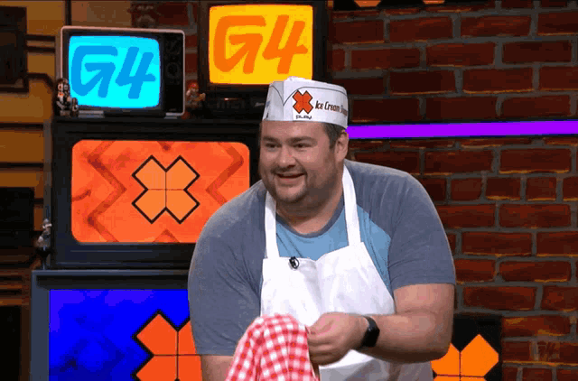 a man wearing an apron and a hat that says ice cream shop on it