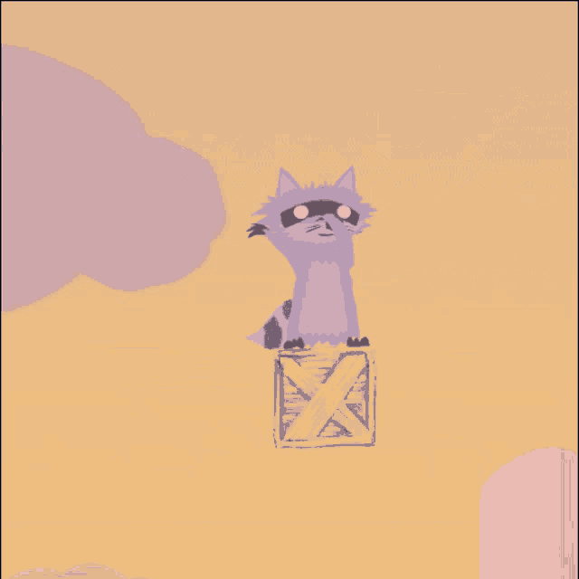 a raccoon is sitting on a wooden box in the sky