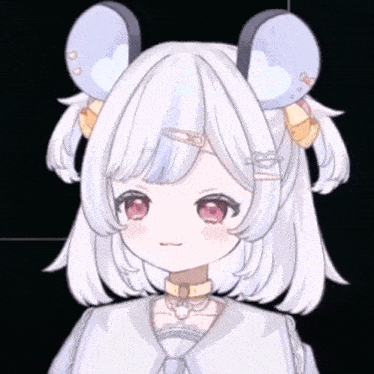 a girl with white hair and pink eyes is wearing a choker and mouse ears