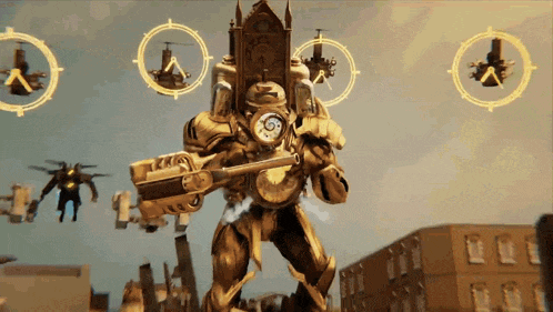a robot with a large clock on its back is surrounded by helicopters