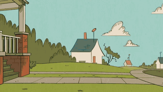 a blue van is parked in front of a house in a cartoon scene