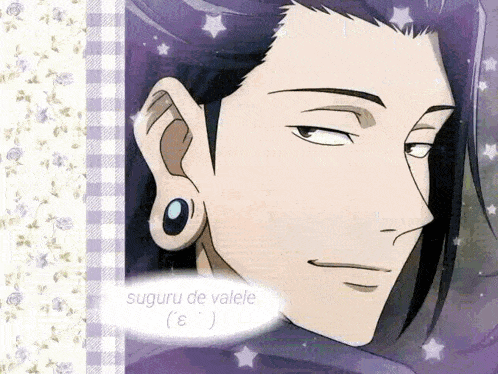 a picture of a man with purple hair and ear piercings with the words suguru de valele below him