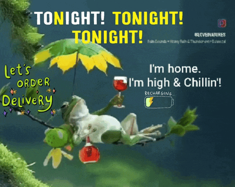 a frog is hanging from a tree branch with an umbrella and says " tonight tonight "