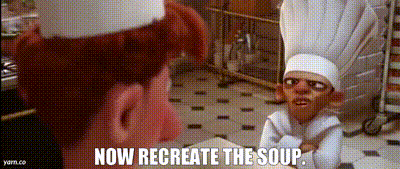 a man in a chef 's hat is talking to another man in a kitchen and says `` now recreate the soup . ''