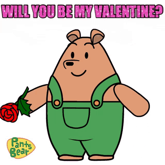 a cartoon of a bear holding a rose with the words will you be my valentine