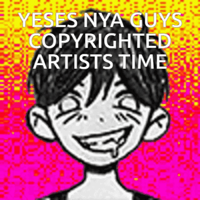 a black and white drawing of a boy with the words yeses nya guys copyrighted artists time written below it