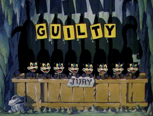 a group of black cats are sitting in front of a sign that says guilty jury