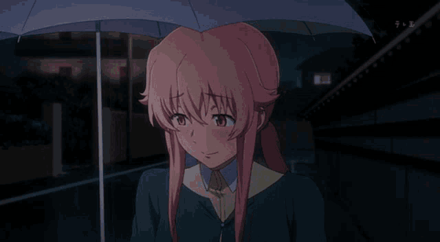 a girl with pink hair is holding an umbrella with a foreign language on the bottom right