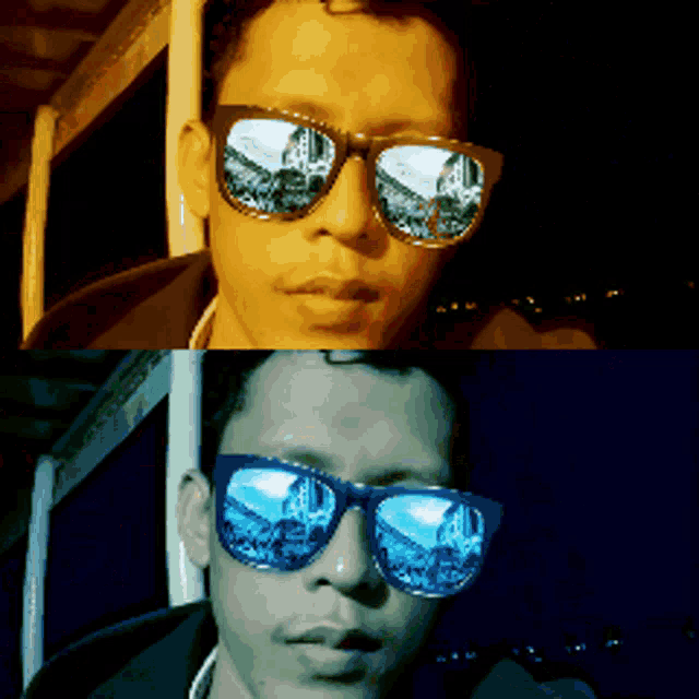 a man wearing sunglasses has a reflection of a city in his glasses