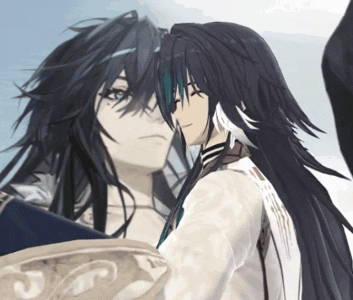 two anime characters with long black hair and white feathers