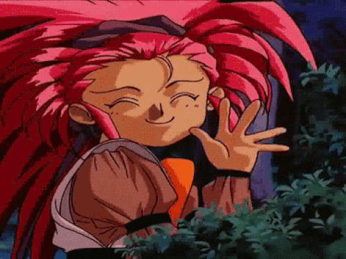 a cartoon character with red hair is smiling and waving her hand
