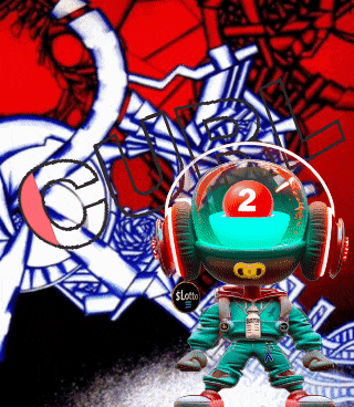 a drawing of a robot with headphones and a ball with the number 2 on it