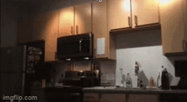 a kitchen with a microwave oven and a refrigerator with imgflip.com written on the bottom