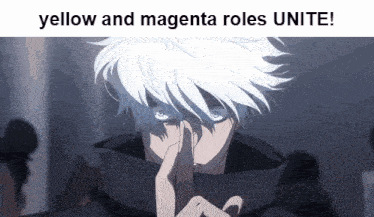 a man with white hair holds his finger to his mouth with the words yellow and magenta roles unite below him