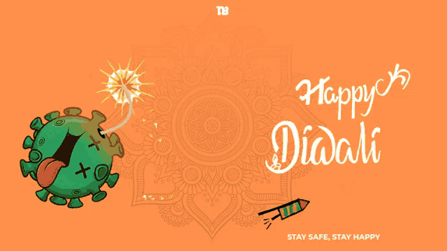 a poster that says happy diwali with a cartoon virus holding a firework
