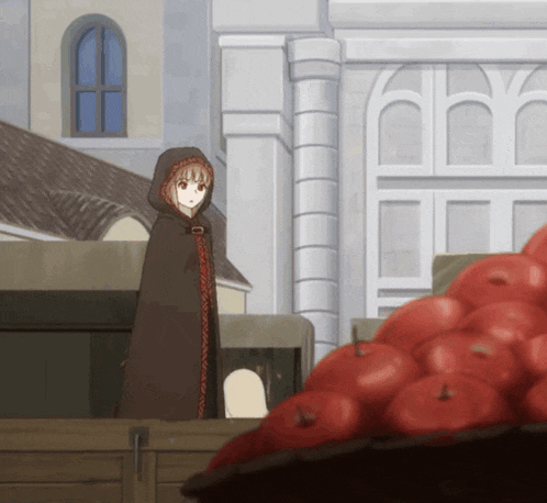 a girl in a hooded cape stands next to a pile of apples