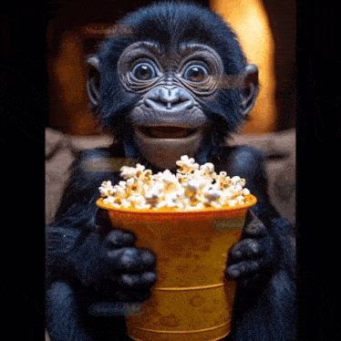 a baby gorilla is holding a bucket of popcorn with a label that says nolabel art