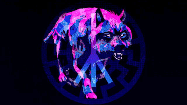 a pink and blue wolf is surrounded by a circle with the letter x in it
