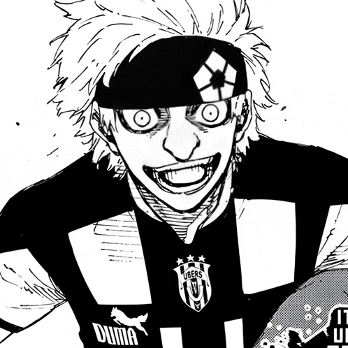 a black and white drawing of a man wearing a puma soccer jersey