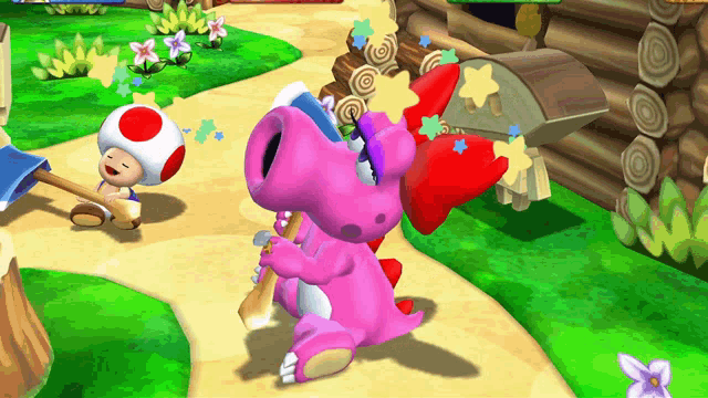 a pink cartoon character is brushing its teeth