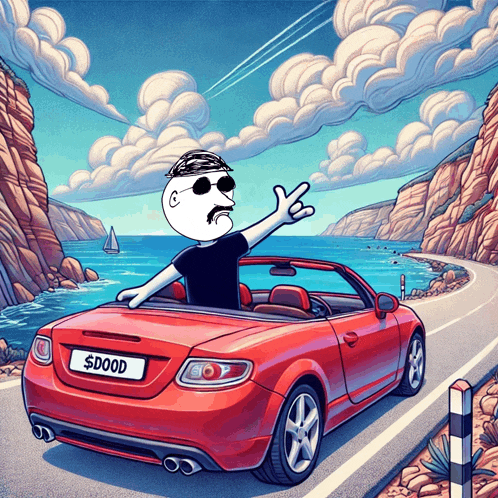 a cartoon of a man driving a red car with a license plate that says $ dood