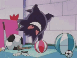 a cartoon character is surrounded by soccer balls and a baseball bat
