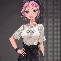 a girl with pink hair and blue eyes is wearing a wen t-shirt .