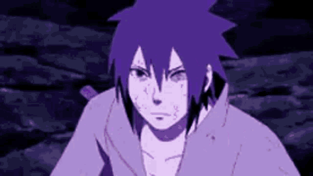 a close up of a person with purple hair and a purple kimono .