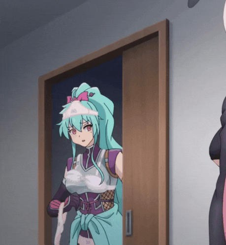 a girl with a bandage on her head is standing in a room