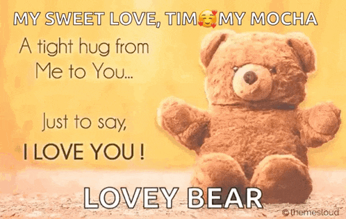 a teddy bear with the words " my sweet love tim my mocha a tight hug from me to you just to say i love you "