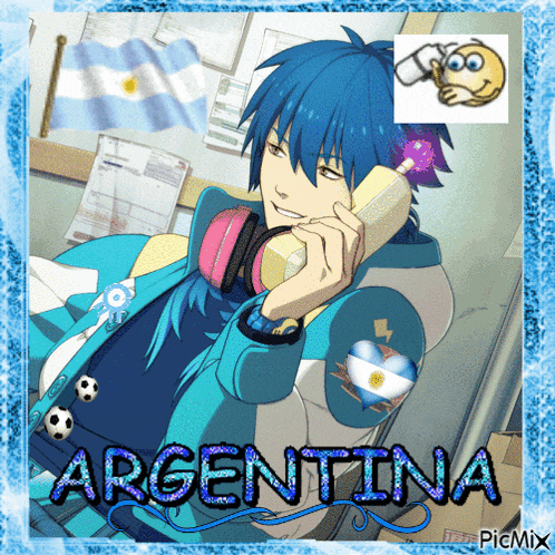 a picture of a boy talking on a phone with the word argentina written below him