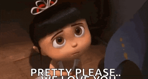 a little girl from despicable me is standing next to a man and saying pretty please we love you .