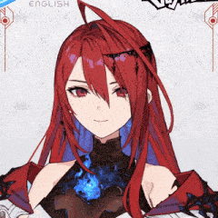 a girl with red hair has the word english on the bottom left