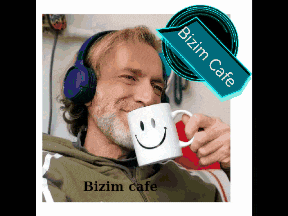 a man wearing headphones is drinking from a mug with a smiley face and the words bizim cafe below him